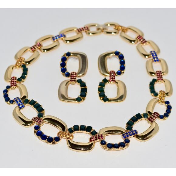 SCASSI Runway Haute Couture Rhinestone Gold Link Statement Necklace+Earring Set - Picture 2 of 7